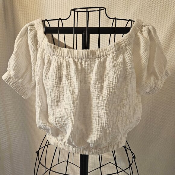 Joie Women's White Crinkle Crop Pullover 100% Cotton Blouse Size M - Picture 2 of 9